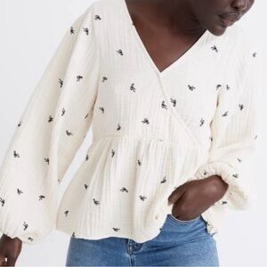 Madewell lightspun poplin wrap top with embroidered bow ties.